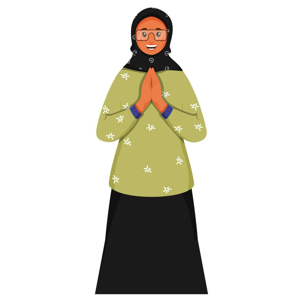 alegre islámico mujer haciendo namaste Bienvenido en en pie pose. vector