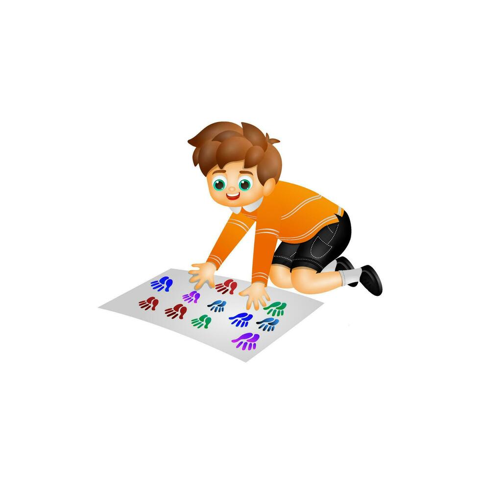 Cute little boy making handprint painting. vector
