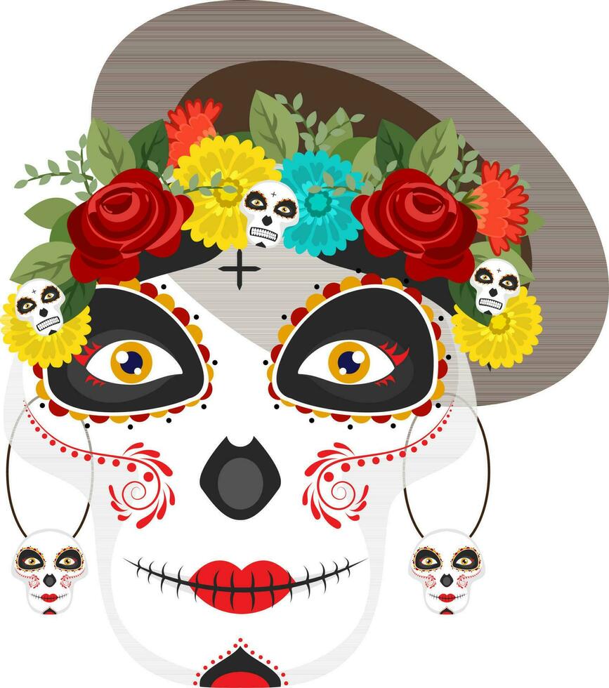 Illustration of catrina skull wearing brown hat decorated with floral. vector