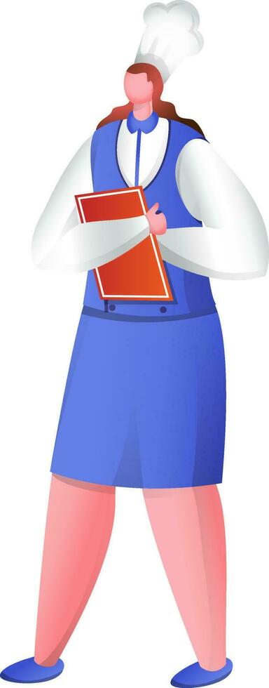 Faceless waiter woman wearing chef hat with holding menu card on white background. vector