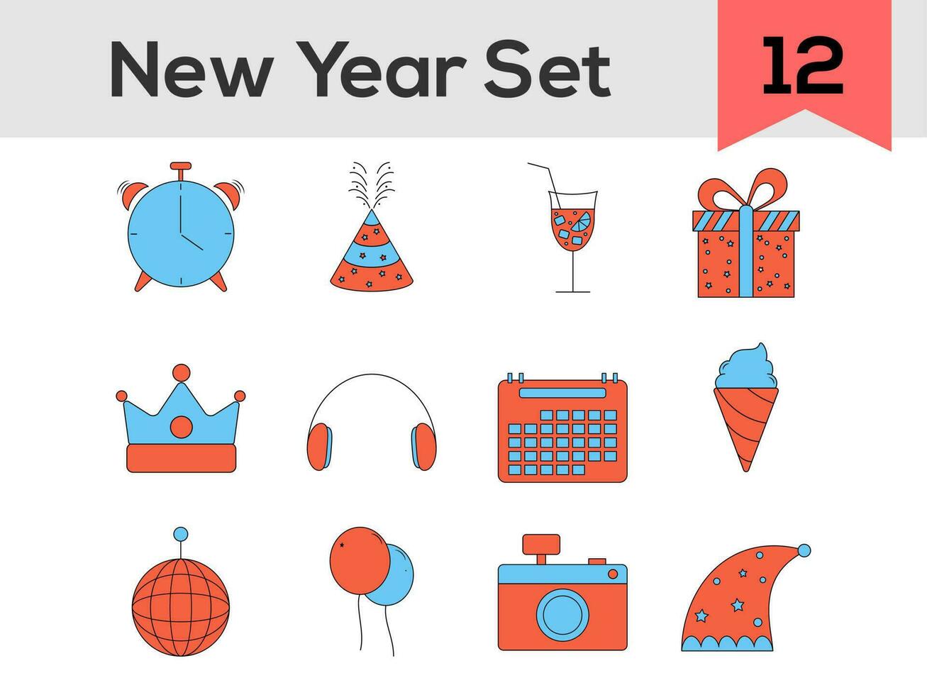 Flat Style New Year Icon Set In Orange And Blue Color. vector