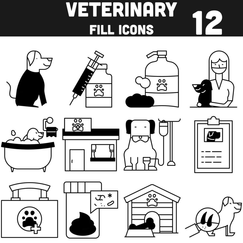 Flat Style Veterinary Icon Set In Black And White Color. vector