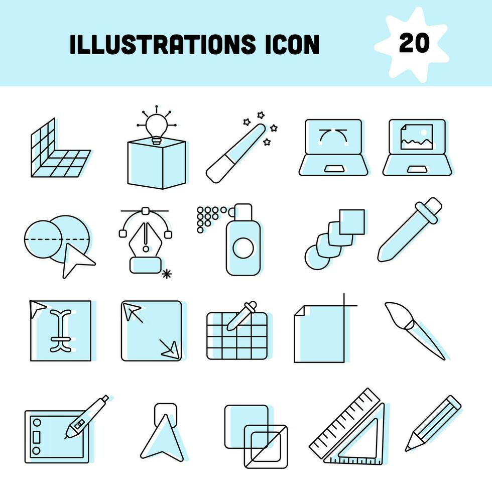 plano estilo ilustraciones o ilustrador icono conjunto en azul y blanco color. vector