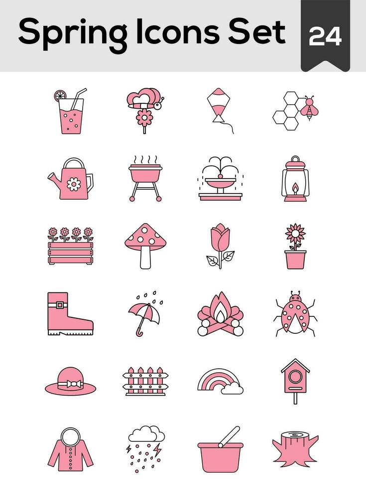 Flat Style Spring Icon Set In Pink And White Color. vector