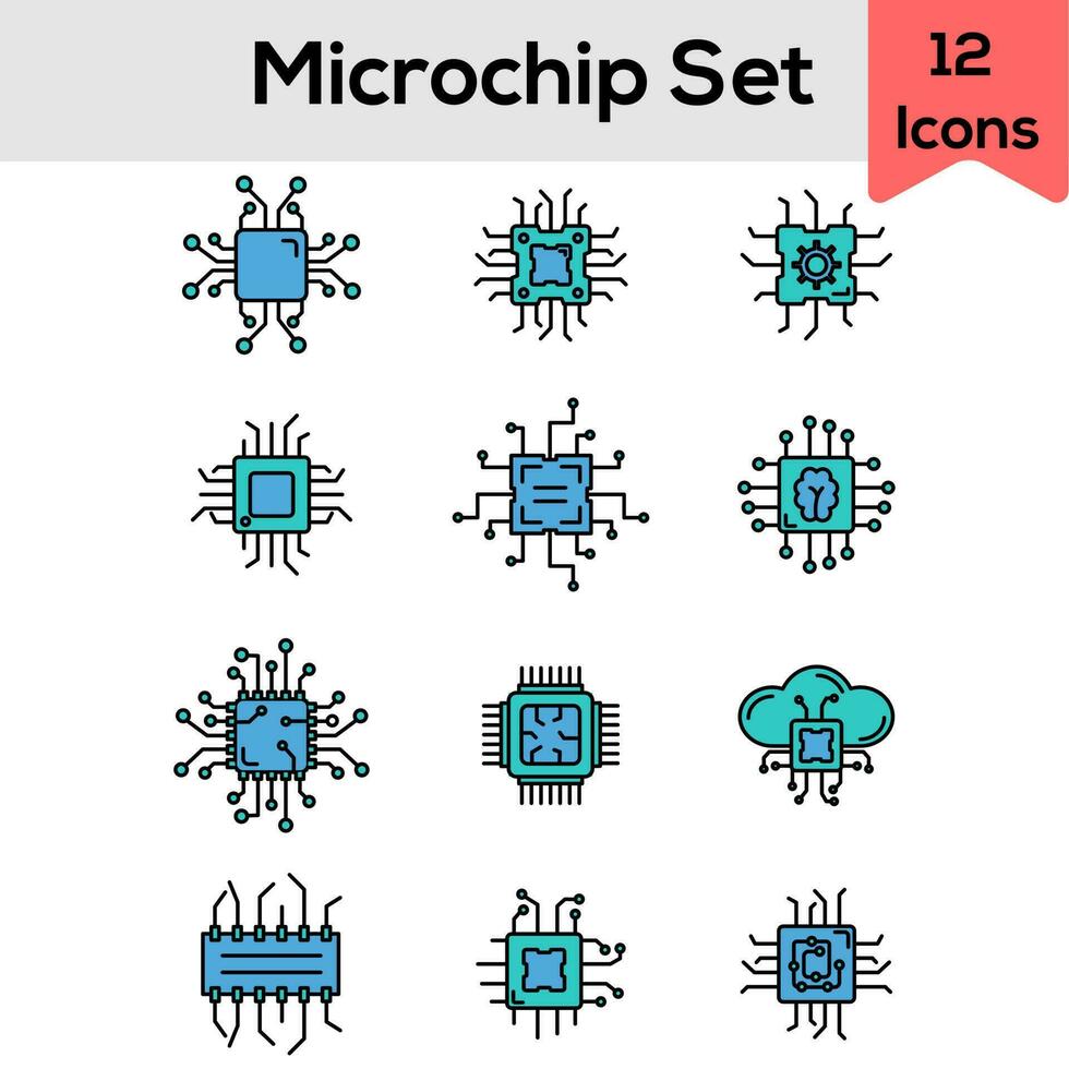 Flat Style Microchip Icon Set In Blue And Turquoise Color. vector