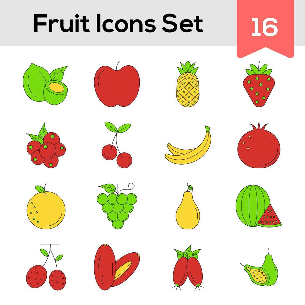 Colorful Fruits Icon Set On White Background. vector