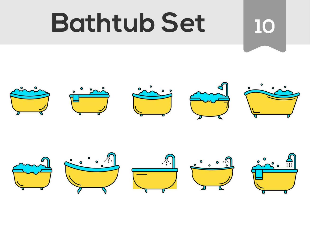 10 Bathtub Icon Or Symbol In Blue And Yellow Color. vector