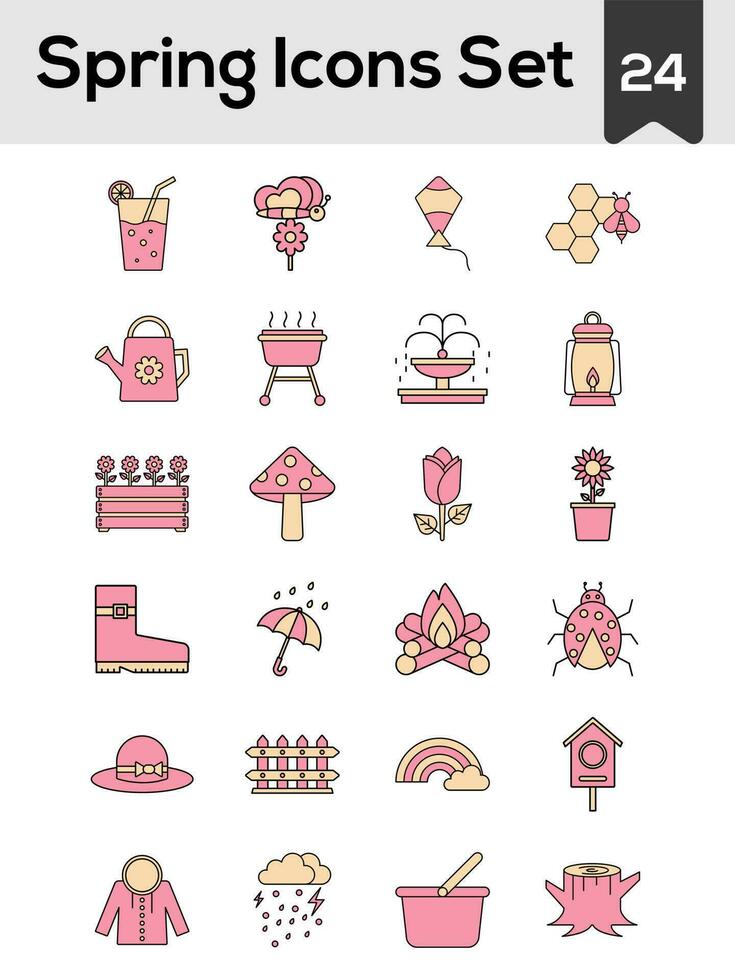 Flat Style Spring Icon Set In Pink And Peach Yellow Color. vector