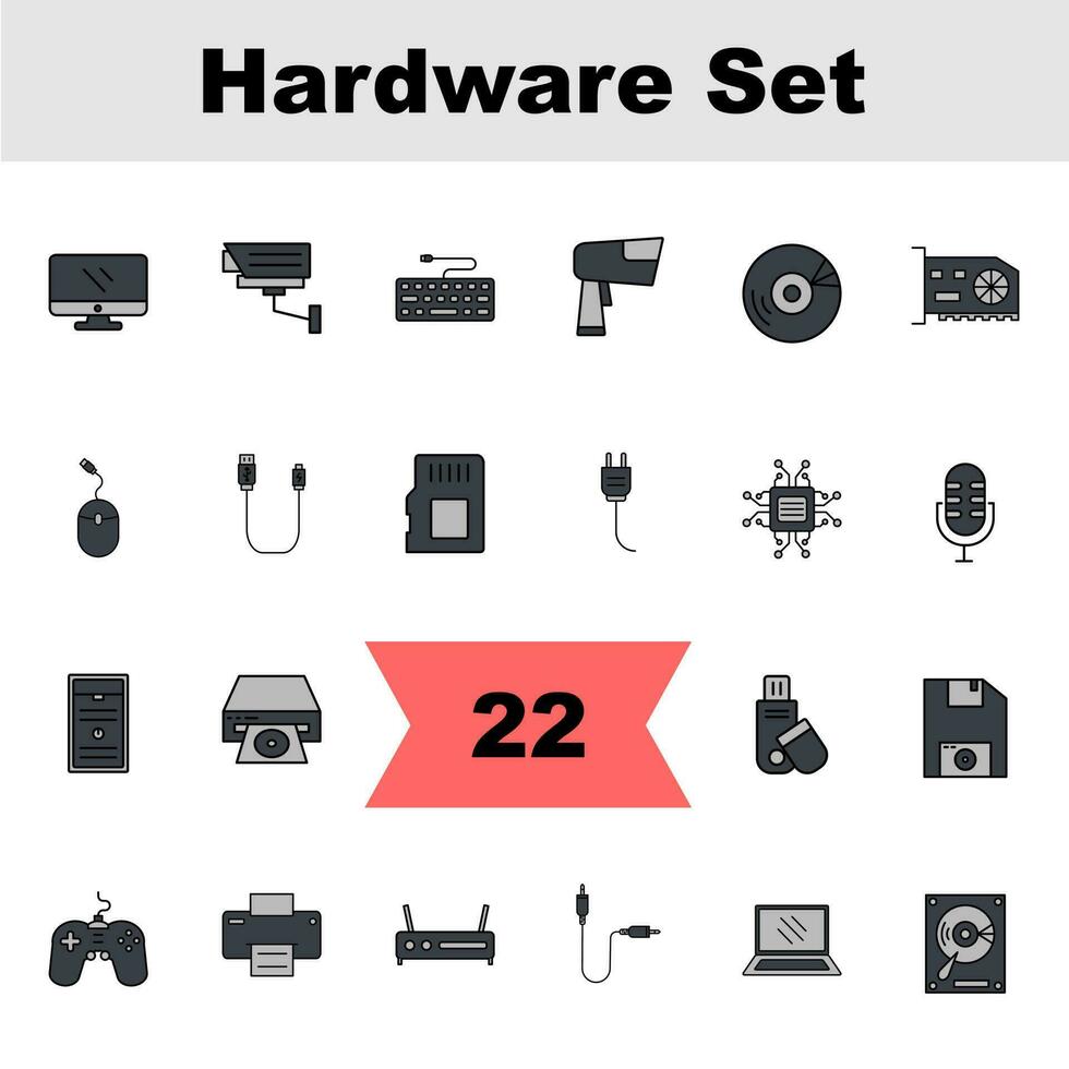 Illustration Of Hardware Icon Set In Grey Color. vector
