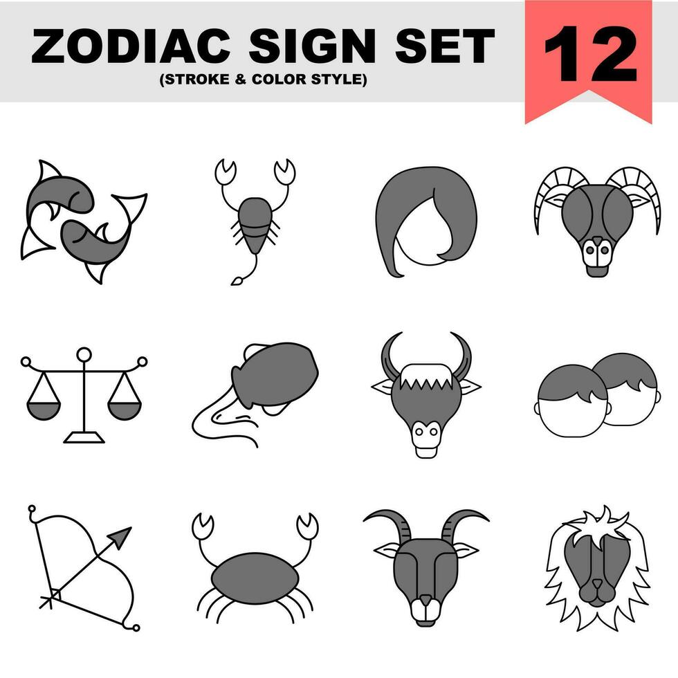 Vector Illustration Of Zodiac Icon Set In Gray And White Color.