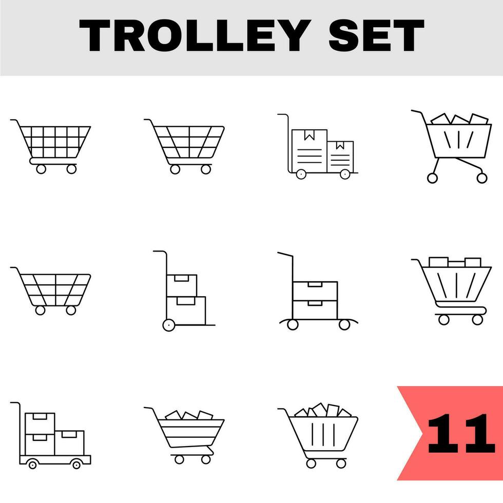 Set Of Shopping Or Push Cart Icon In Black Line Art. vector