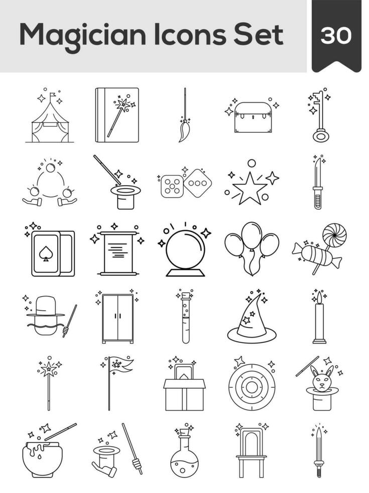 Black Line Art Illustration Of Magician Icon Set In Flat Style. vector