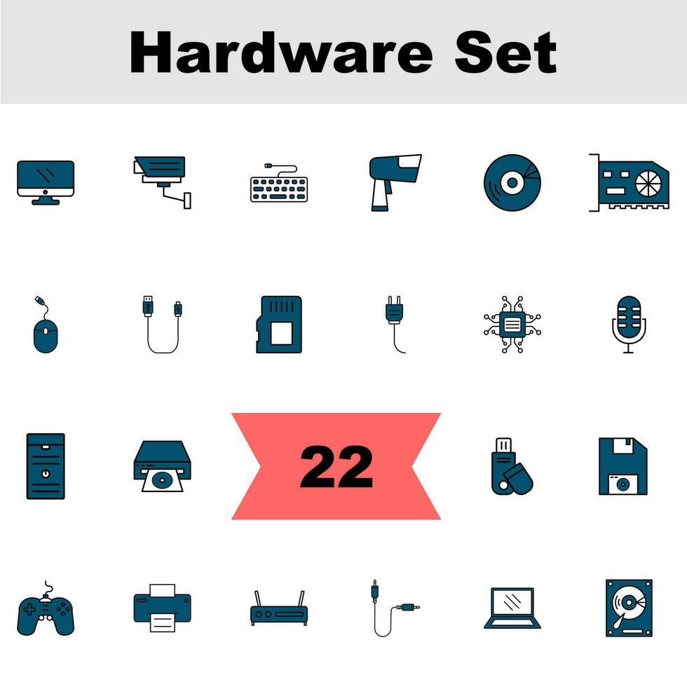 ilustración de hardware icono conjunto en azul y blanco color. vector