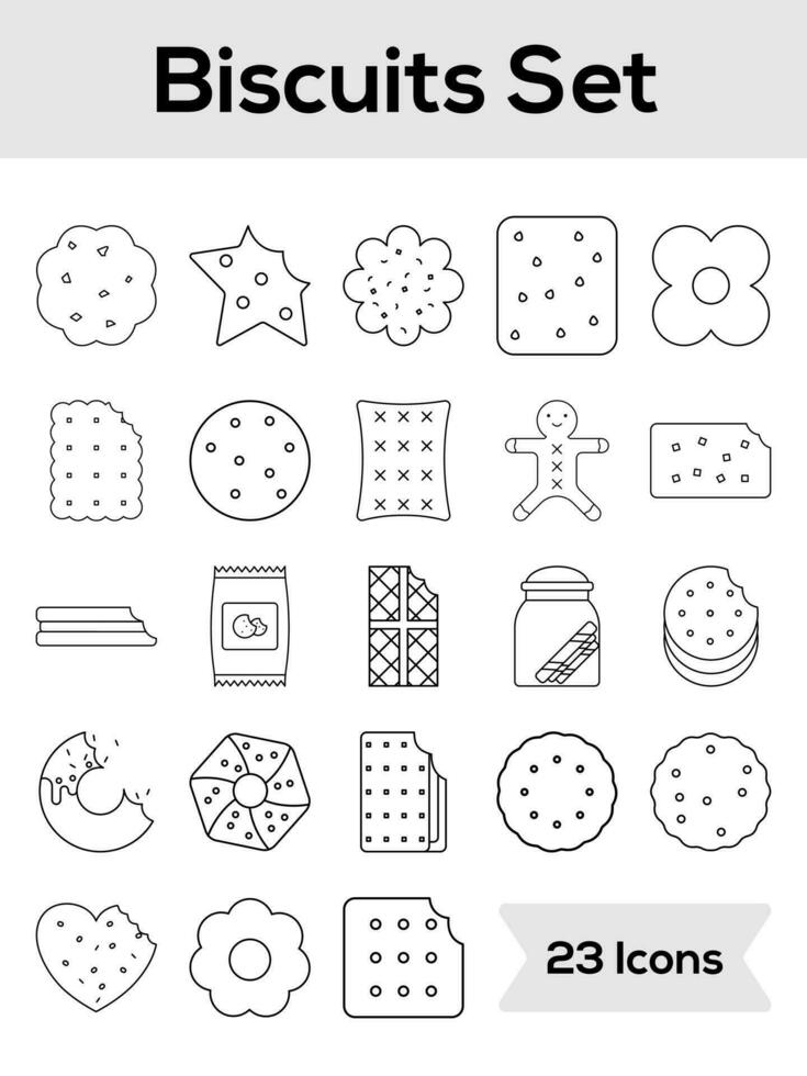 Set of Biscuits And Cookies Icon In Black Line Art. vector