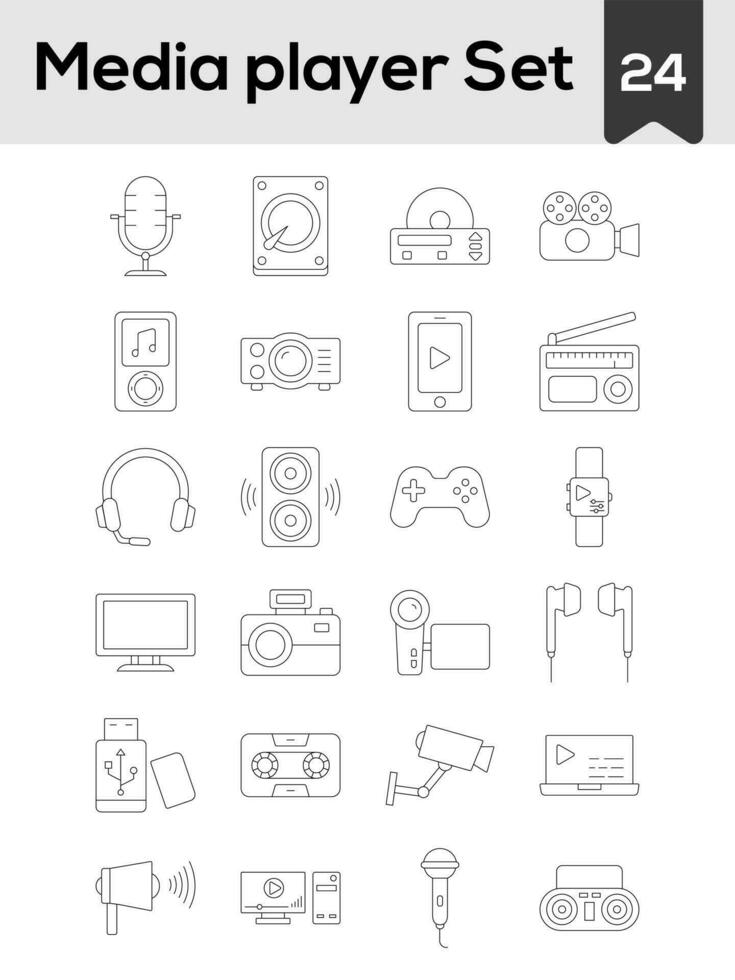Set of Media Player Icon In Black Line Art. vector