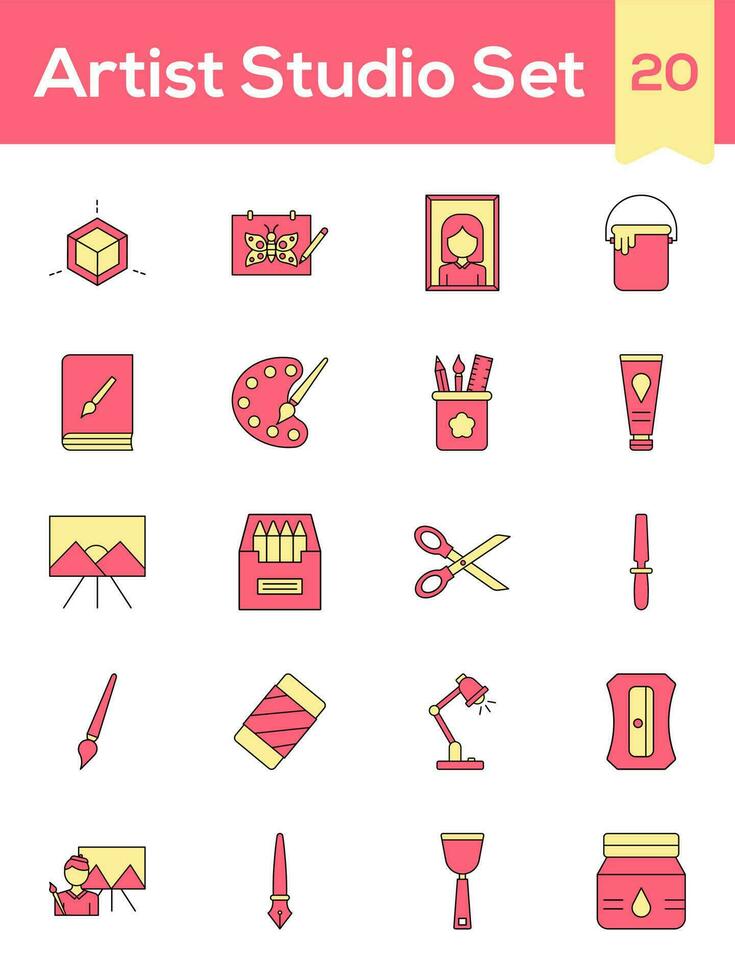 Red And Yellow Color Set of Artist Studia Icon In Flat Style. vector