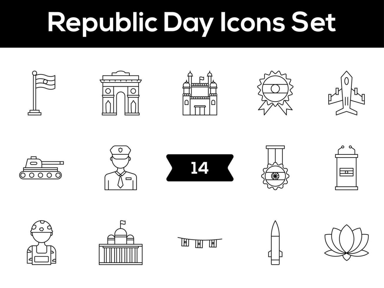 Black Line Art Set of Republic Day Icon In Flat Style. vector