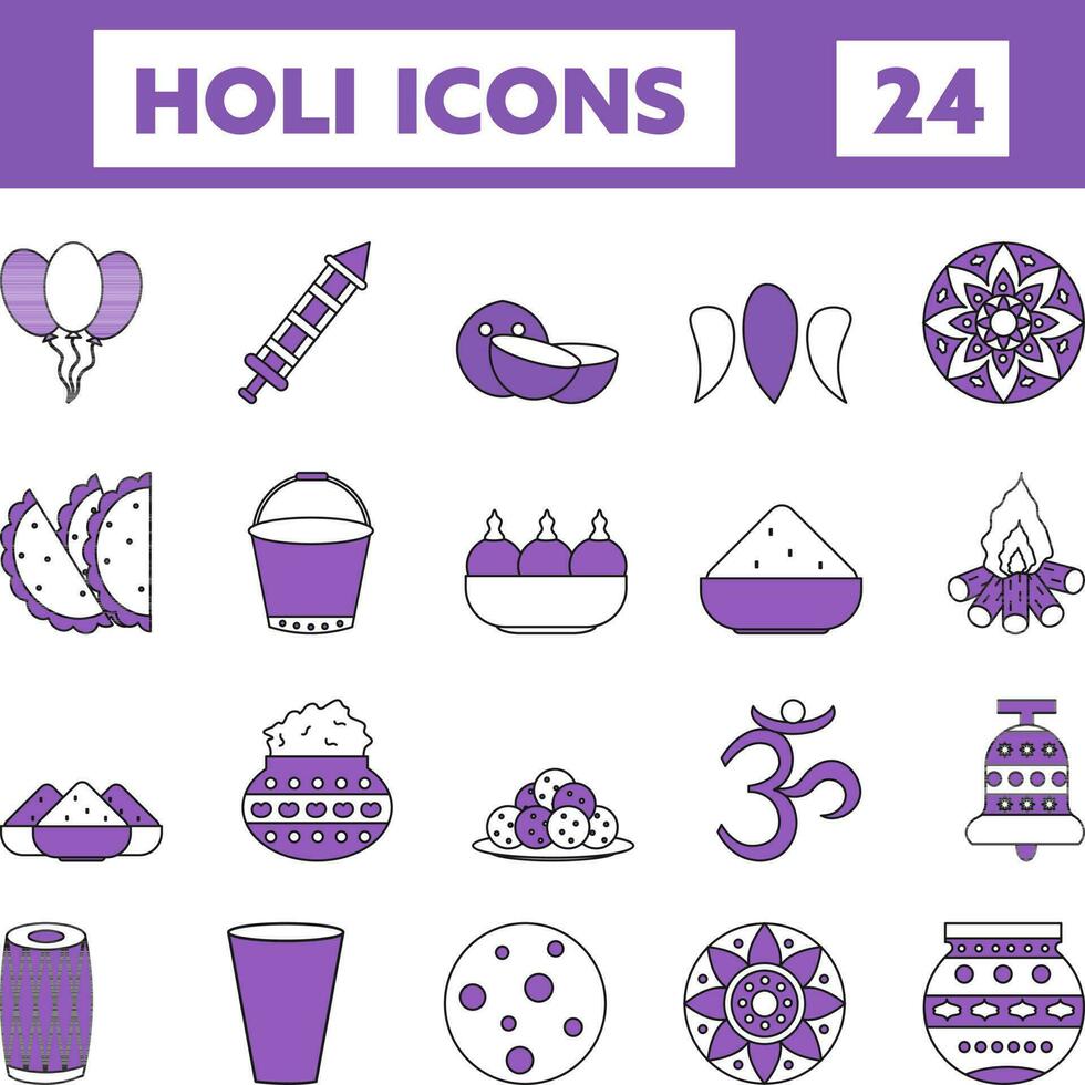 Holi Icons Set In Violet And White Color. vector