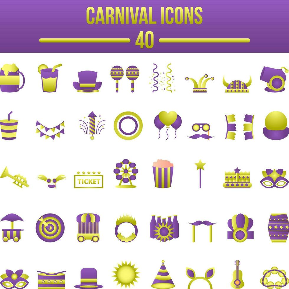 púrpura y verde color conjunto de carnaval icono en plano estilo. vector