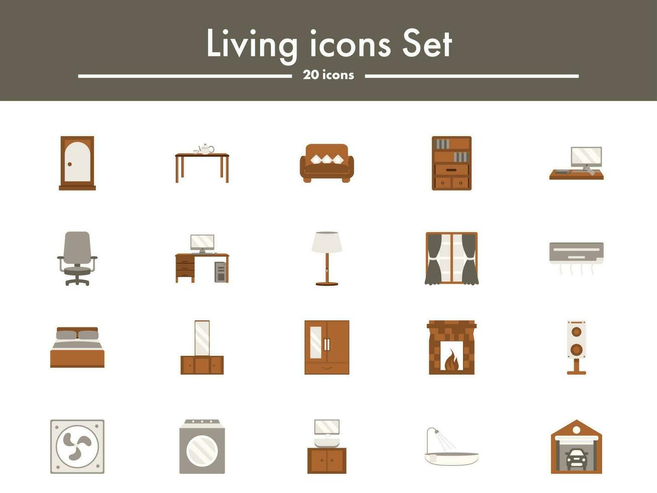 Isolated Living Icon Set In Gray And Brown Color. vector