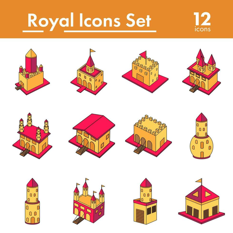 Pink And Yellow Color Set of Royal Icon In Flat Style. vector