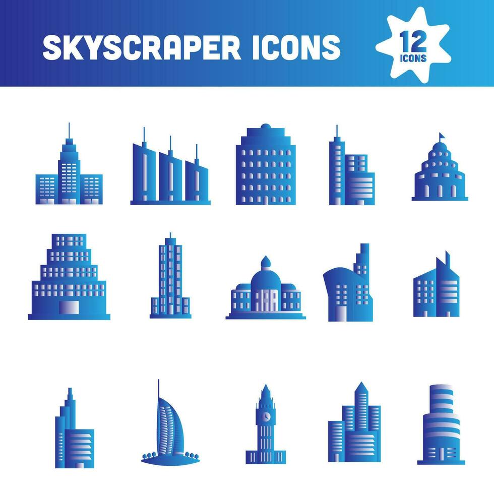 Gradient Blue And Gray Color Skyscraper Icon Set In Flat Style. vector