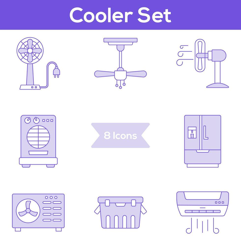 Isolated Purple And White Colour Cooler Icon Set in Flat Style. vector