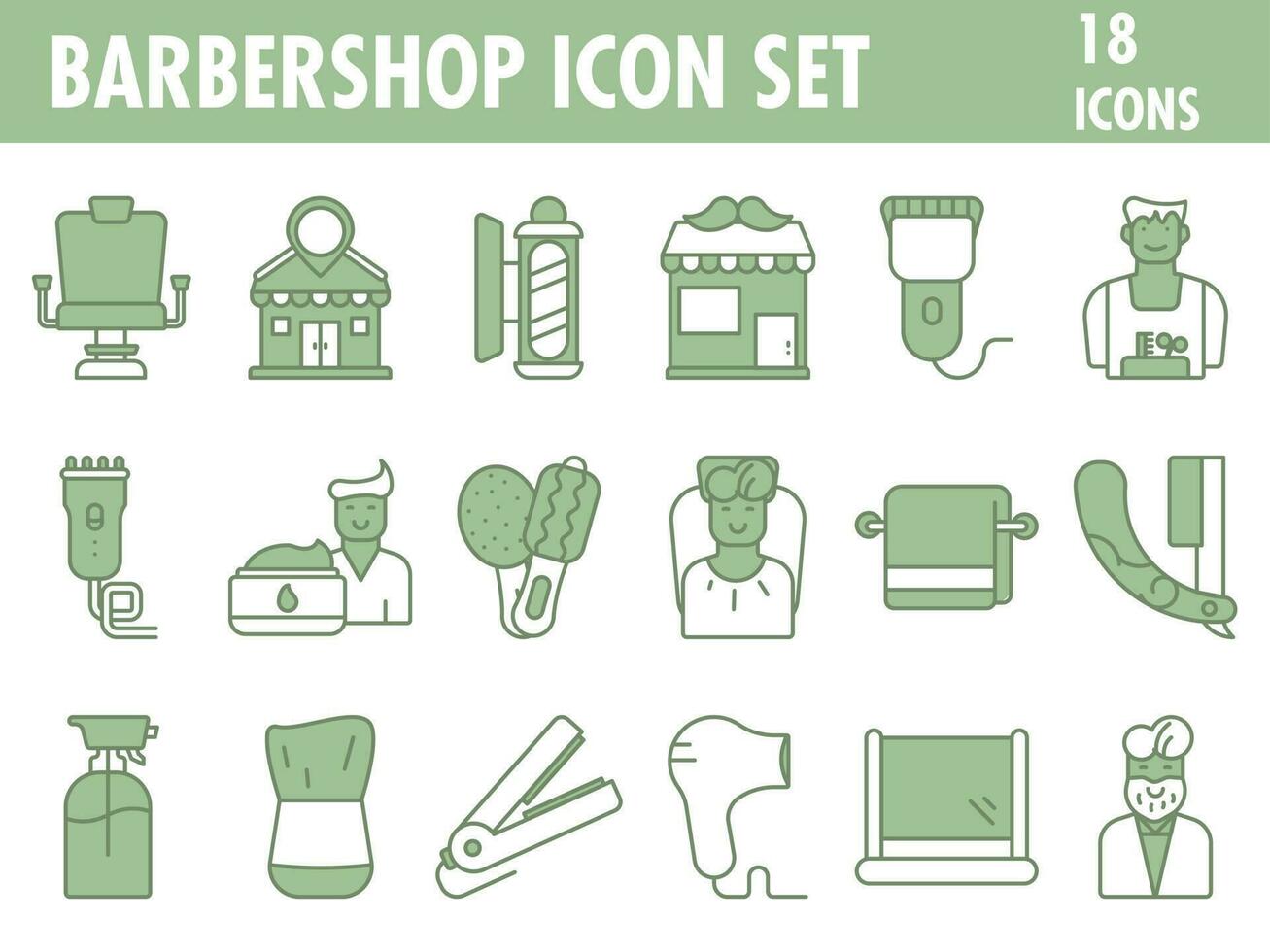Illustration Of Barbershop Icon Set In Green And White Color. vector
