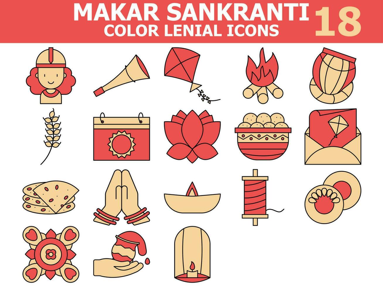 Makar Sankranti Icon Set In Orange And Red Color. vector