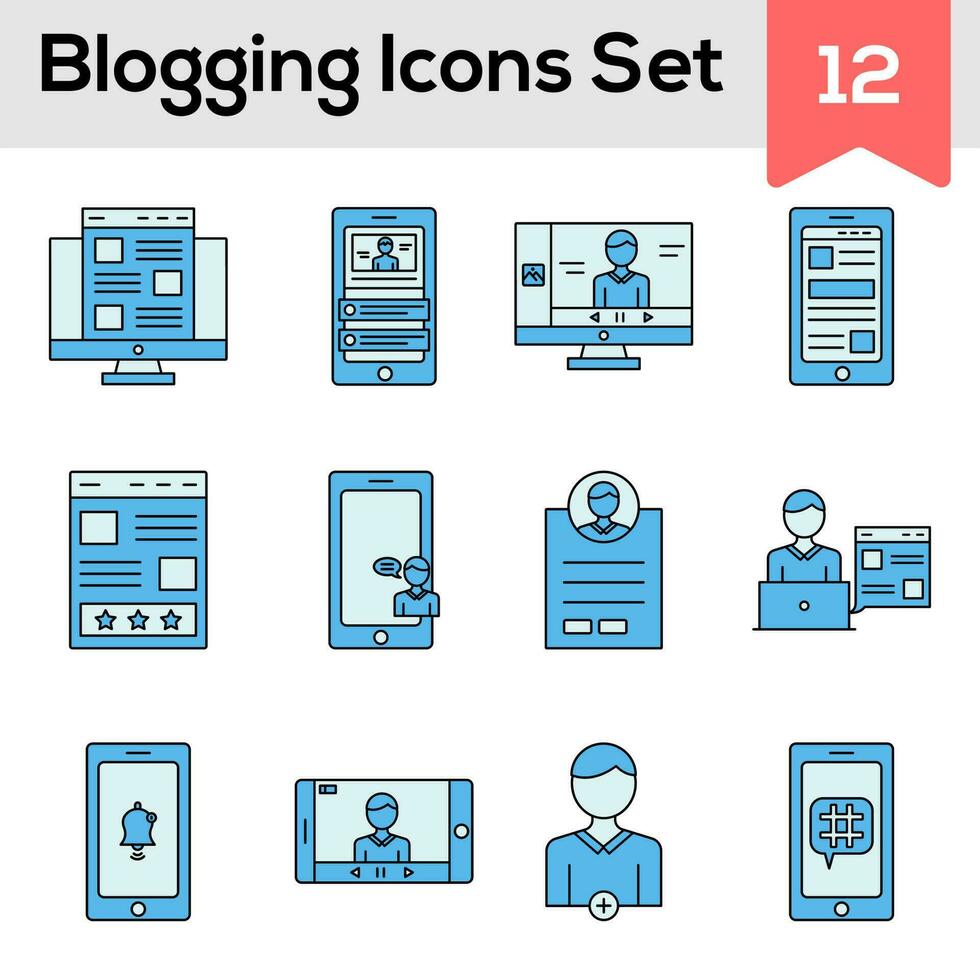 Blue Color Set of Blogging Icon In Flat Style. vector