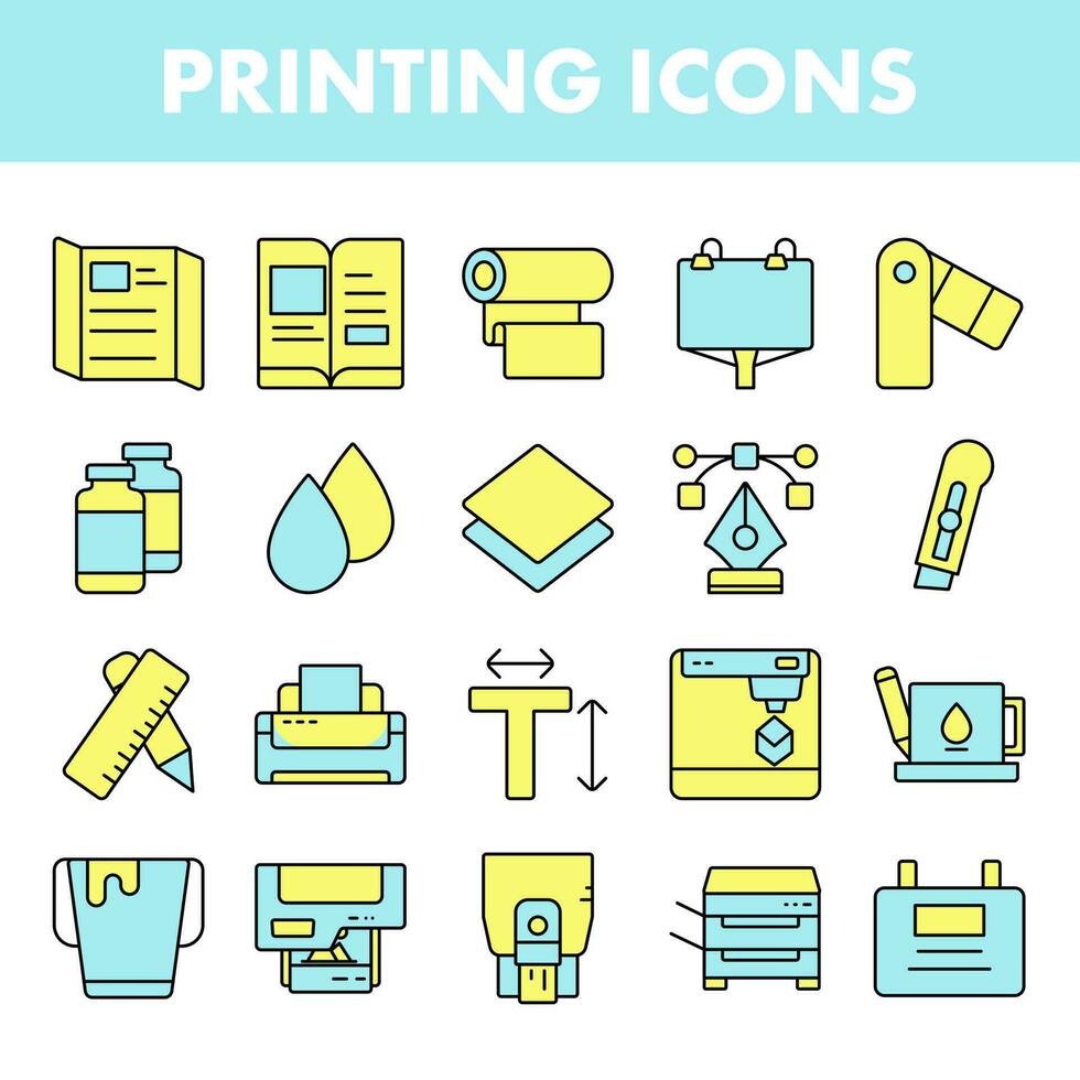 Blue And Yellow Color Set of Printing Icon In Flat Style. vector