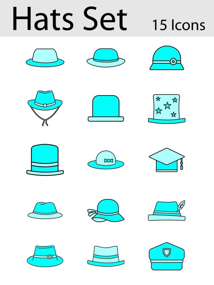 vector ilustración de cian color sombrero o gorra icono conjunto en plano estilo.