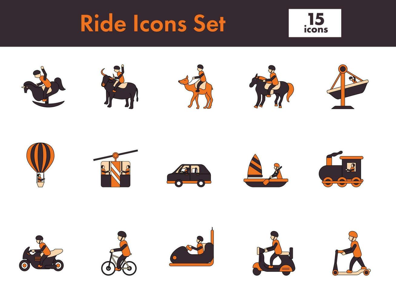 Vector Illustration Of Ride Icon Set In Orange And Dark Magenta Color.