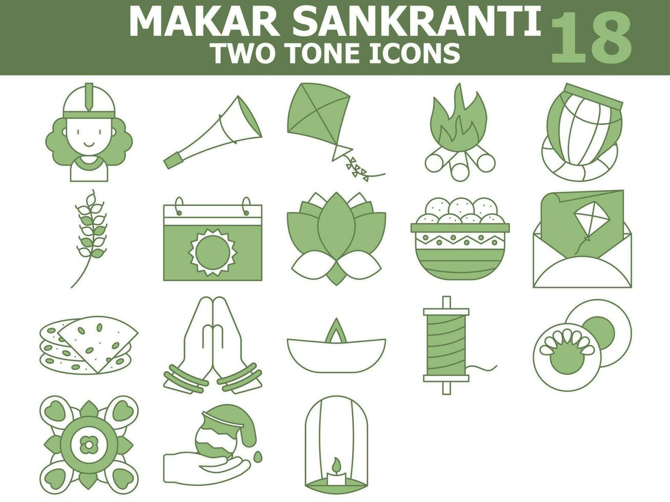 Green And White Color Set of Makar Sankranti Icon In Flat Style. vector