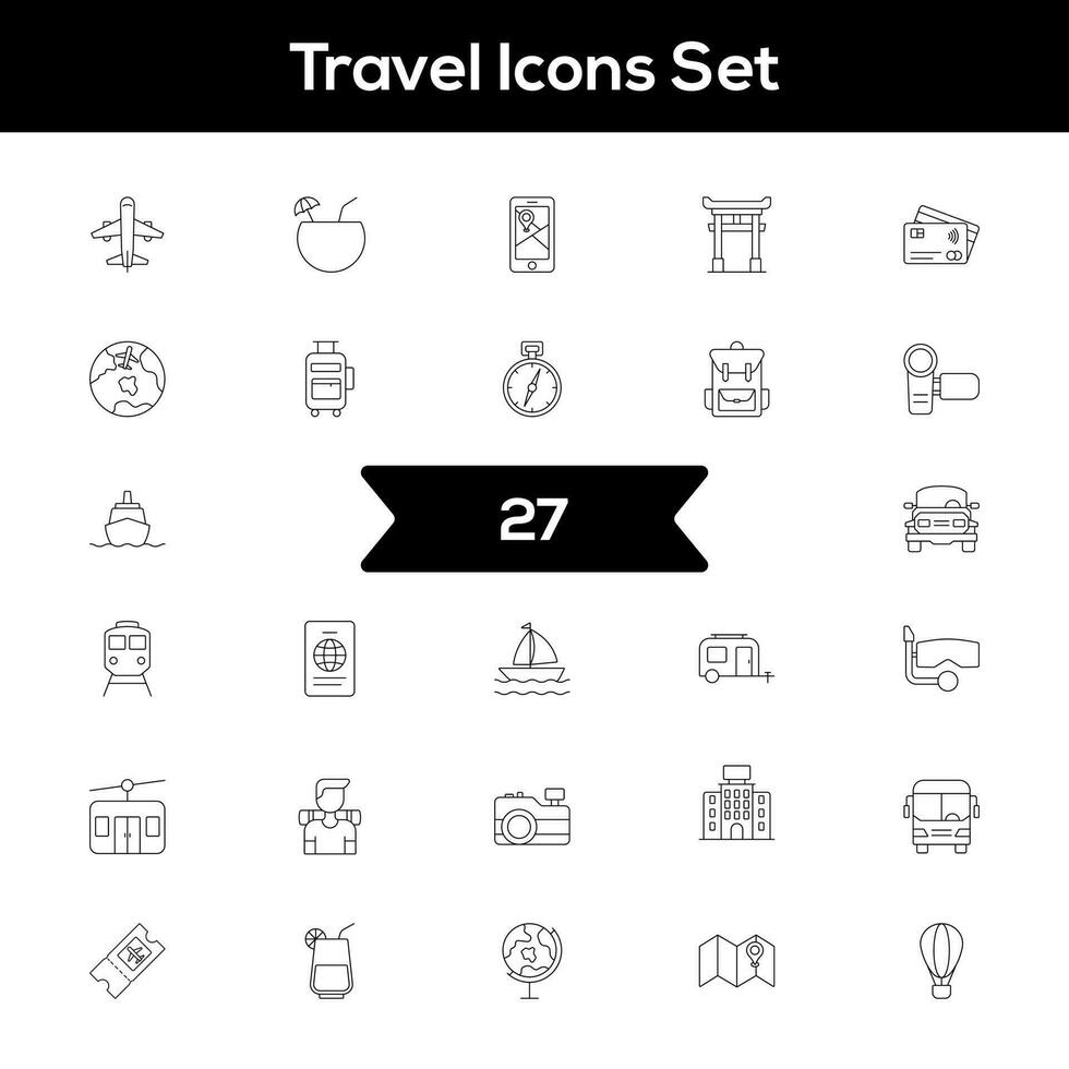 Black Line Art Set of Travel Icon In Flat Style. vector
