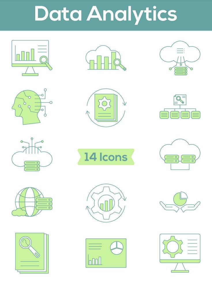 Data Analytics Icon Set In Green And White Color. vector