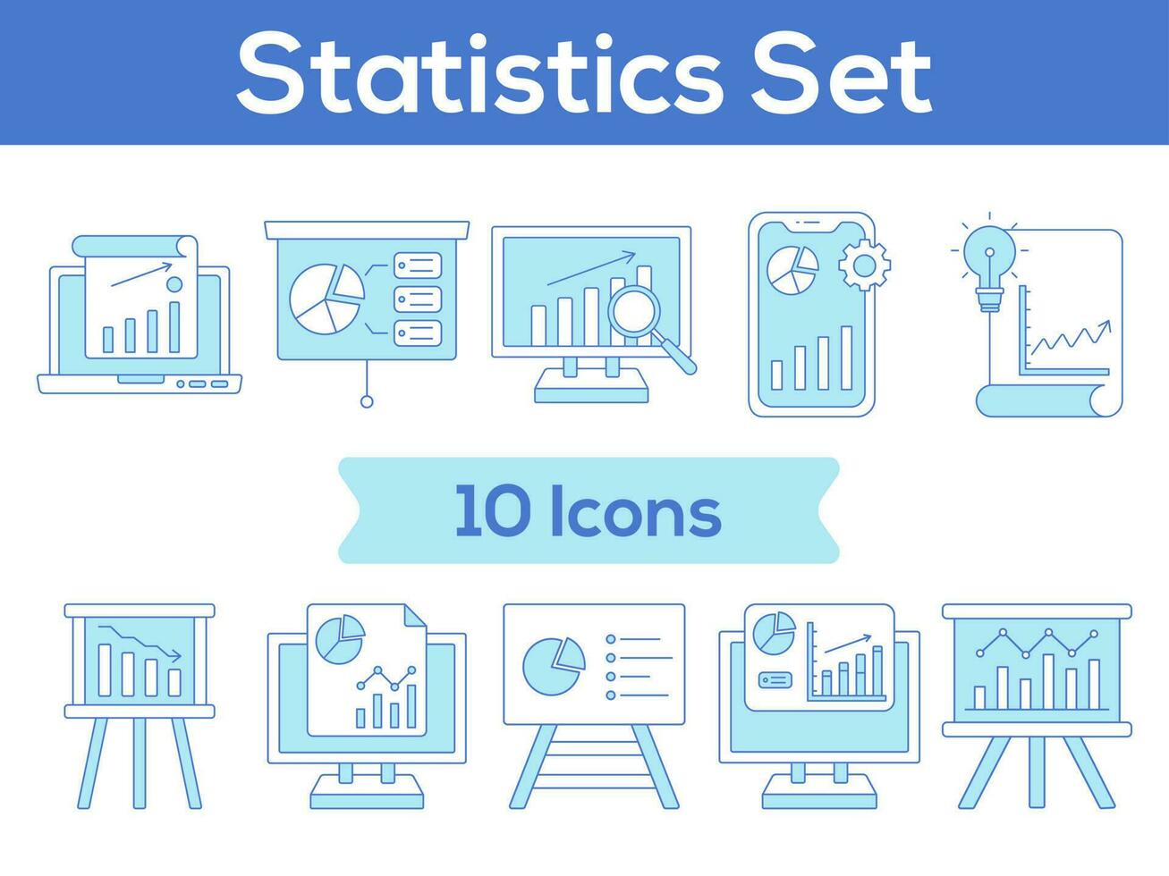 Blue And White Color Set of Statistics Icon In Flat Style. vector