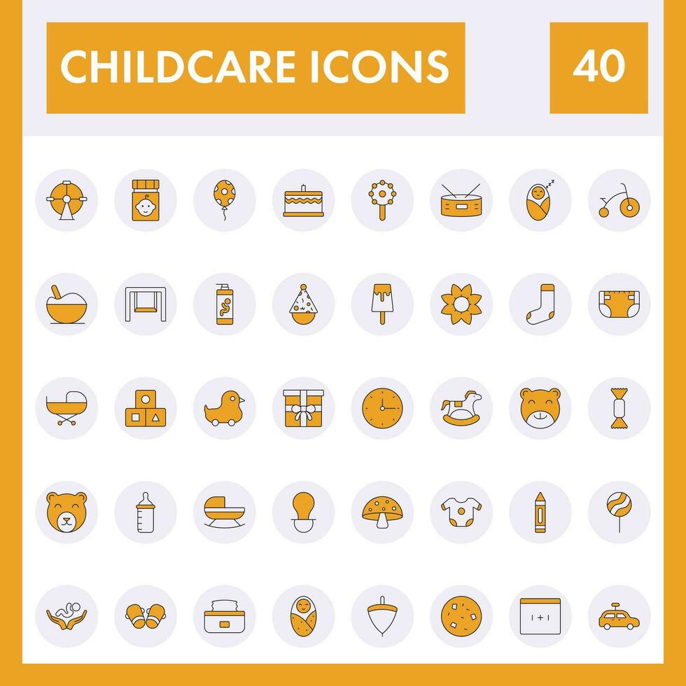 amarillo y blanco color conjunto de cuidado de niños icono en plano estilo. vector