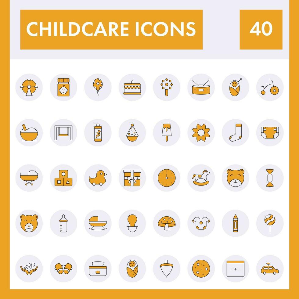Yellow And White Color Set Of Childcare Icon In Flat Style. vector