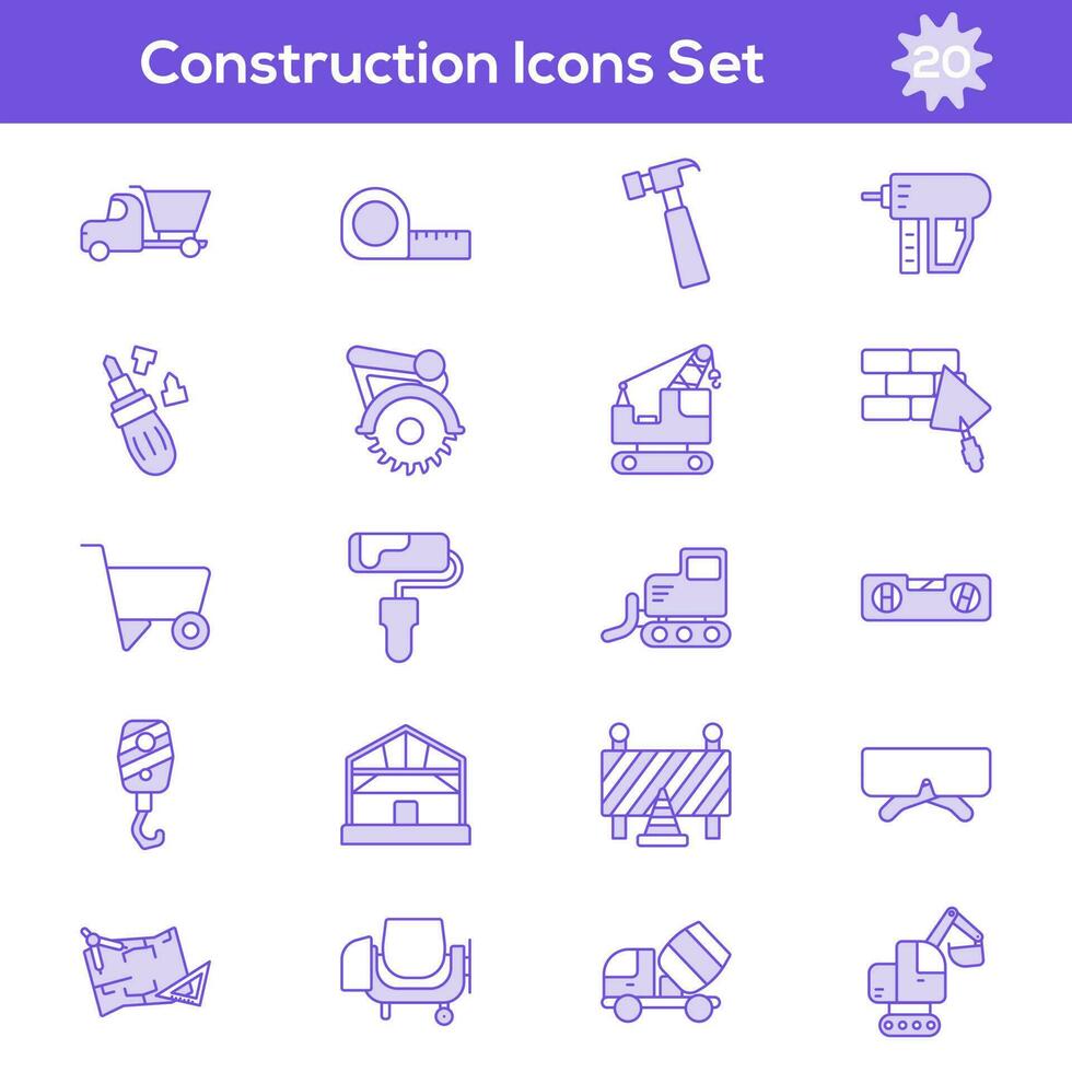 púrpura y blanco color conjunto de construcción icono en plano estilo. vector