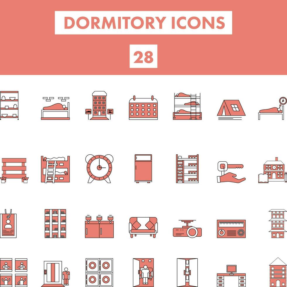 Red And White Color Set of Dormitory Icon In Flat Style. vector