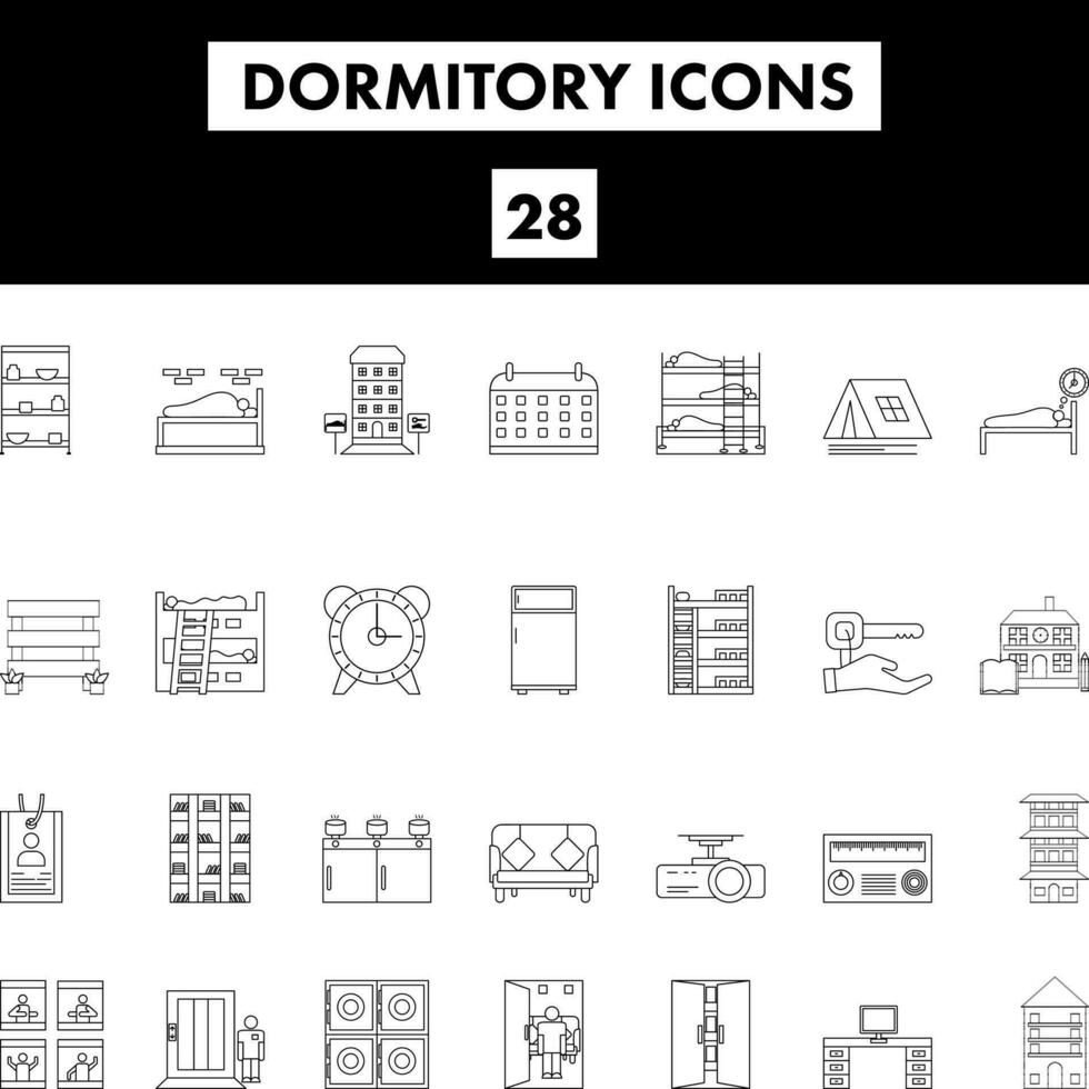 Black Line Art Set of Dormitory Icon In Flat Style. vector