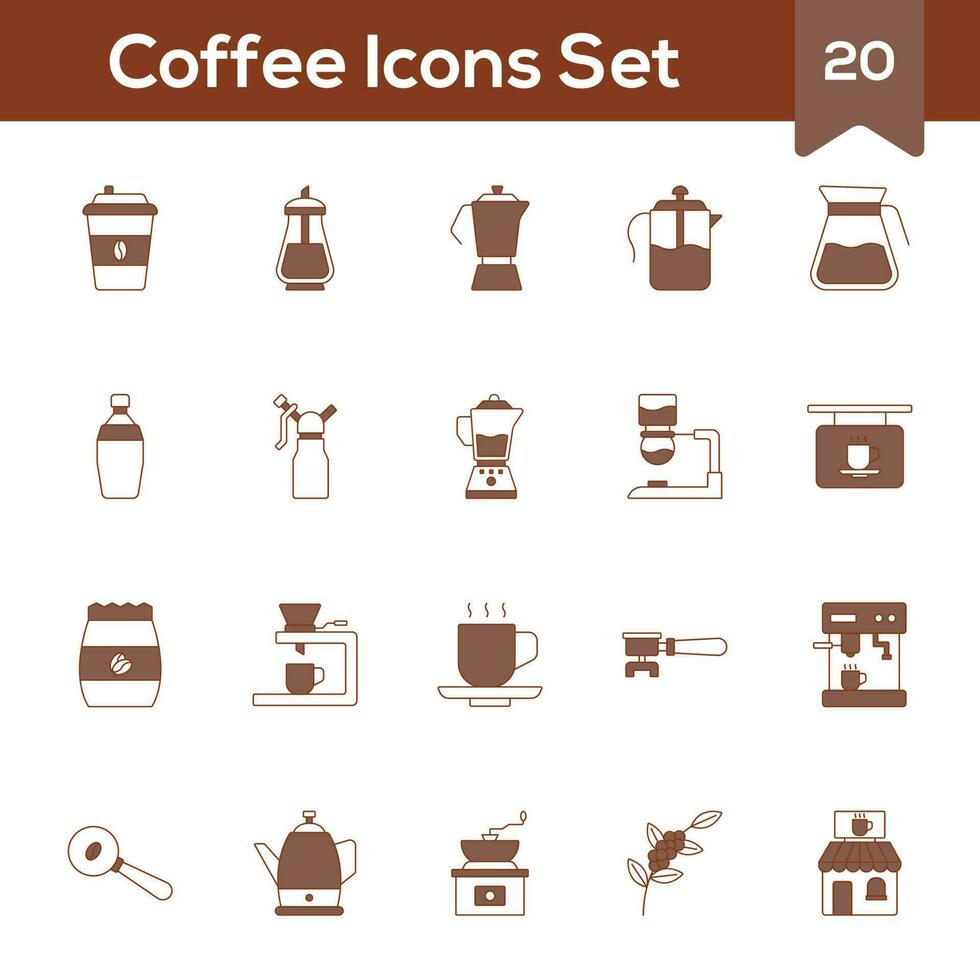 Brown And White Color Set of Coffee Icon In Flat Style. vector