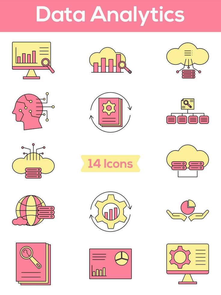 Isolated Data Analytics Icon Set In Pink And Yellow Color. vector