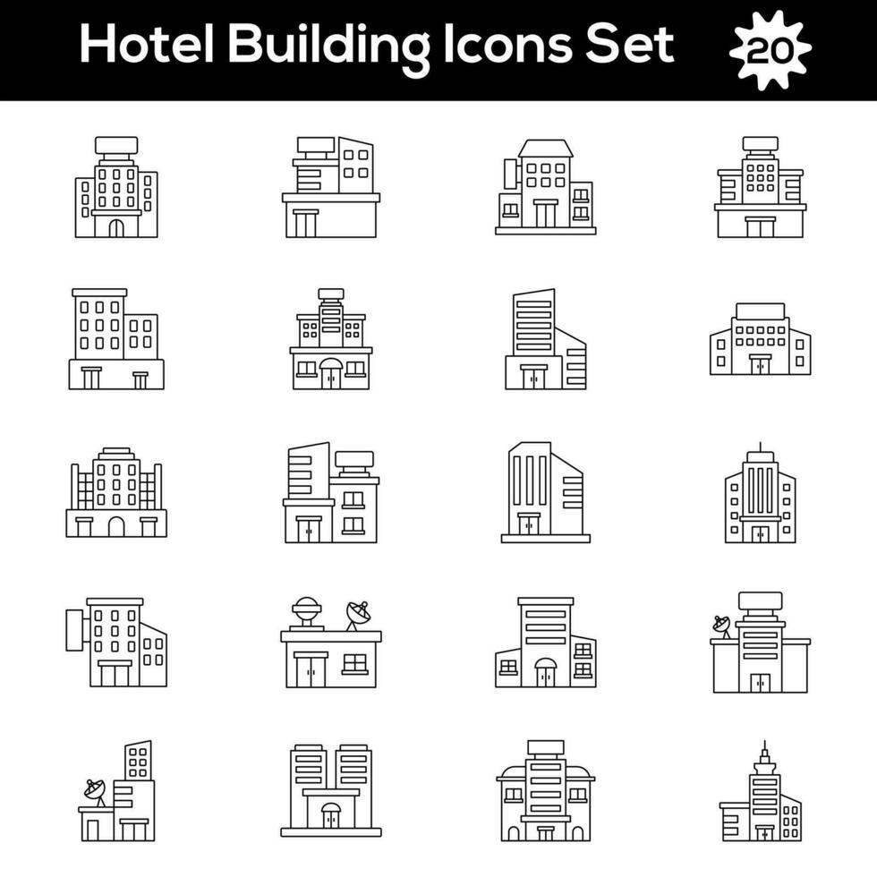 Black Line Art Set of Hotel Or Building Icon In Flat Style. vector