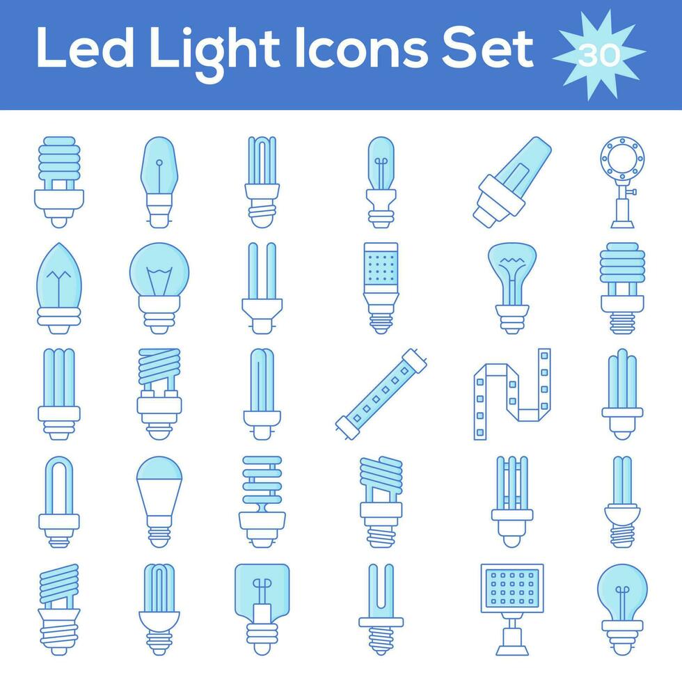 Set Of LED Light Icon In Cyan And White Color. vector