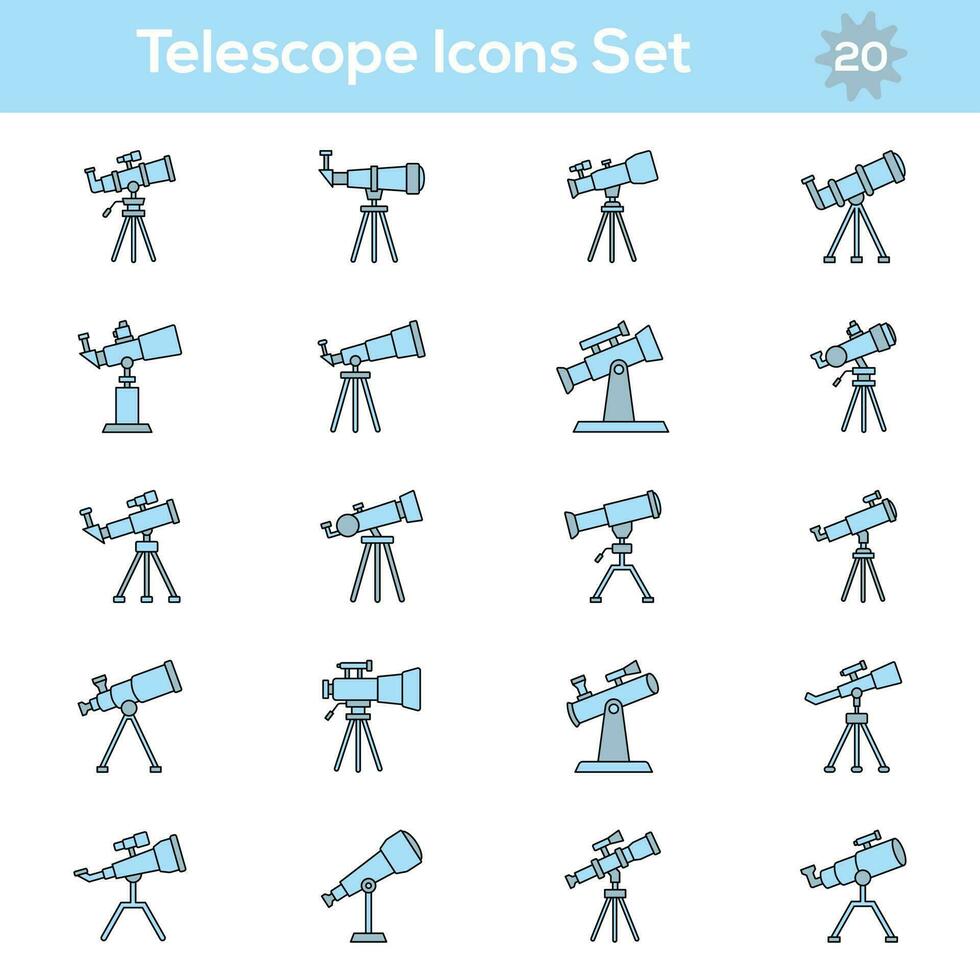 Isolated Telescope Icon Set in Blue Color Flat Style. vector