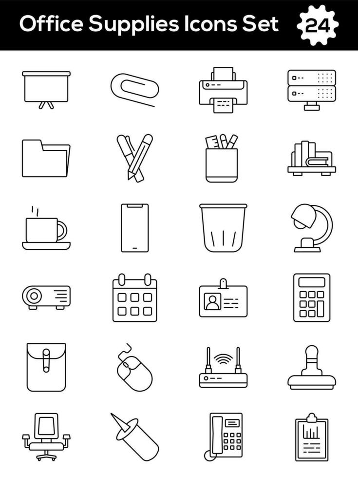 Black Line Art Set of Office Supplies Icon In Flat Style. vector