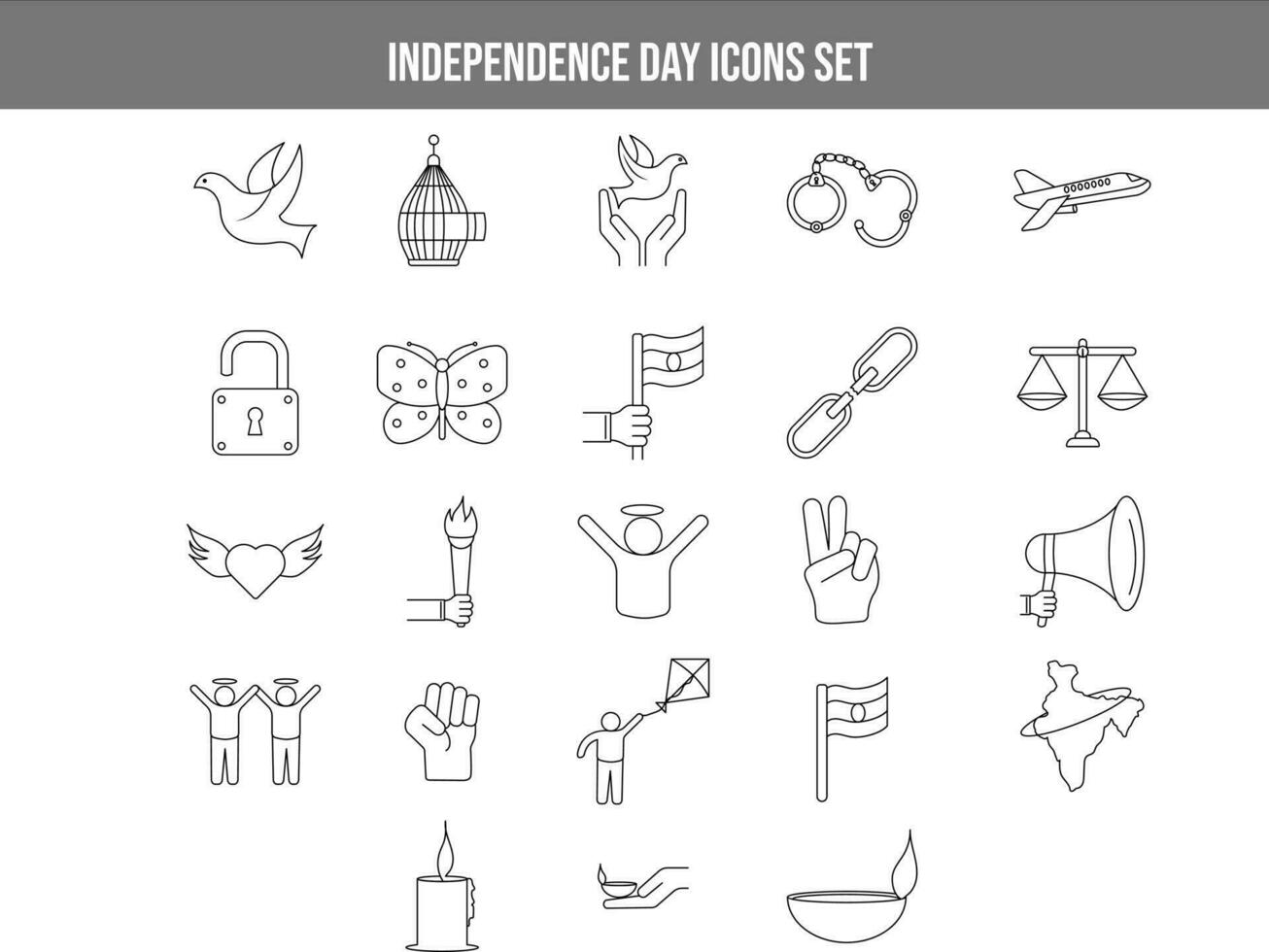 Independence Day Black Outline Icon Set. vector