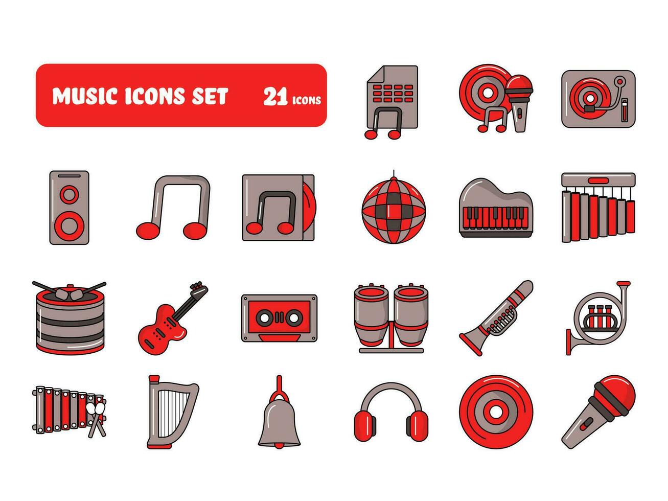 plano estilo música icono conjunto en rojo y gris pardo color. vector